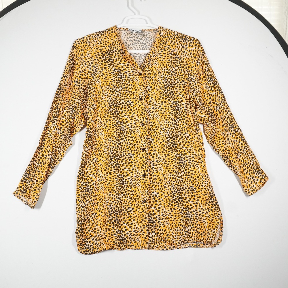Ganni Button Down Shirt Women 36 Yellow Leopard Print Long Sleeve Scandi Blouse